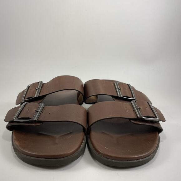 Vionic Charlie Slide Sandals Mens Size 8 Brown Leather Comfort Dual Strap - Picture 2 of 9
